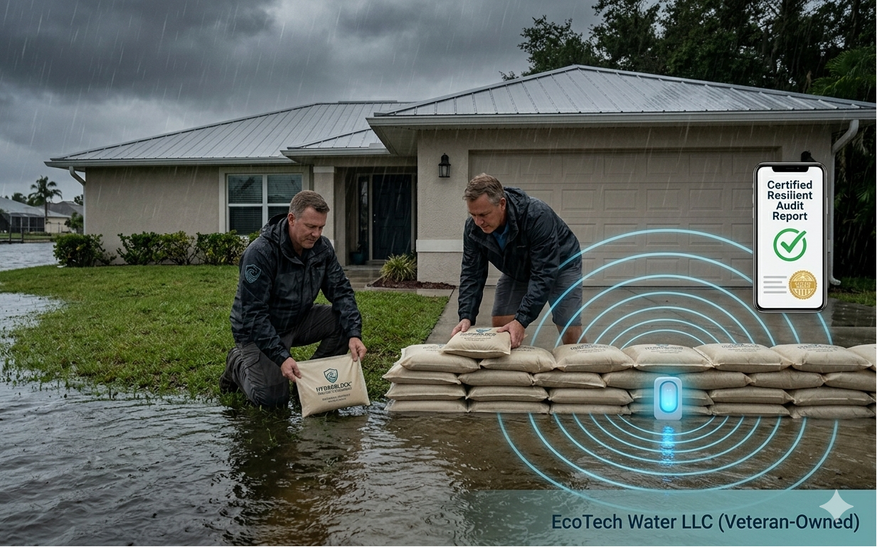 Two men working on flood defense with sandbags in front of a house surrounded by water, with a logo for EcoTech Water LLC in the corner.